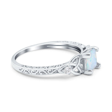 Cushion Celtic Art Deco Engagement Ring Lab Created White Opal 925 Sterling Silver